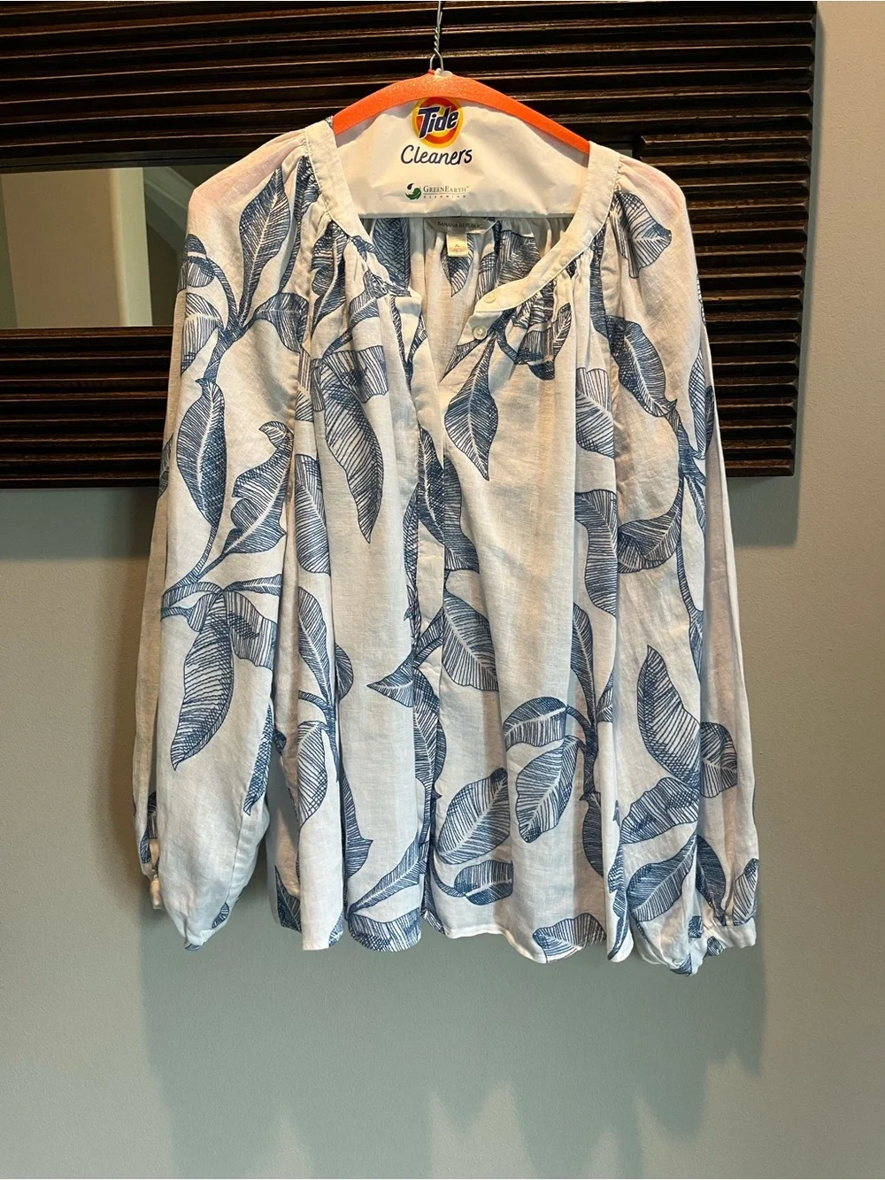 Banana Republic White Blue Leaf Print Linen Boho Peasant Blouse Top Size XL